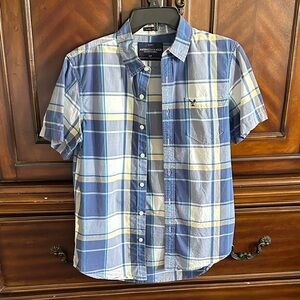 American Eagle Outfitters Men's Blue and Yellow Plaid Shirt
